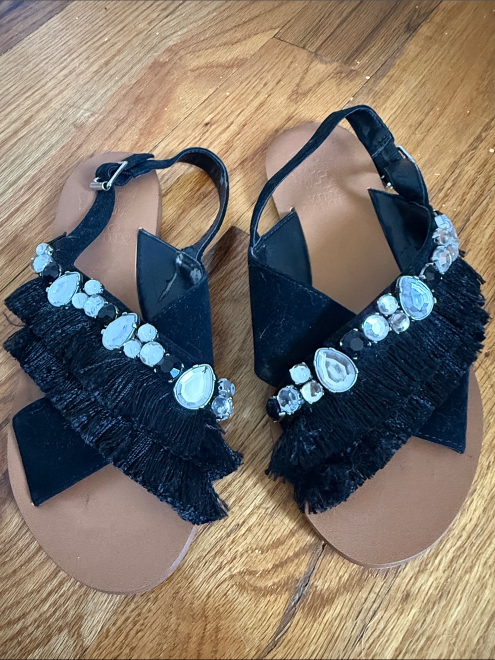 Black Jeweled Fringe Slingback Sandals - Women